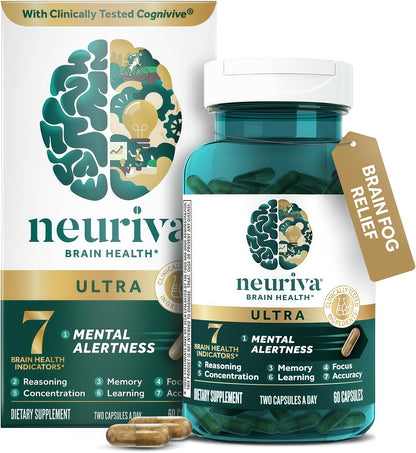 NEURIVA Ultra Brain Supplements for Memory and Focus, Phosphatidylserine, Cognivive, Neurofactor, Folic Acid, Vitamin B12 & Vitamin B6, 60 Count Capsules
